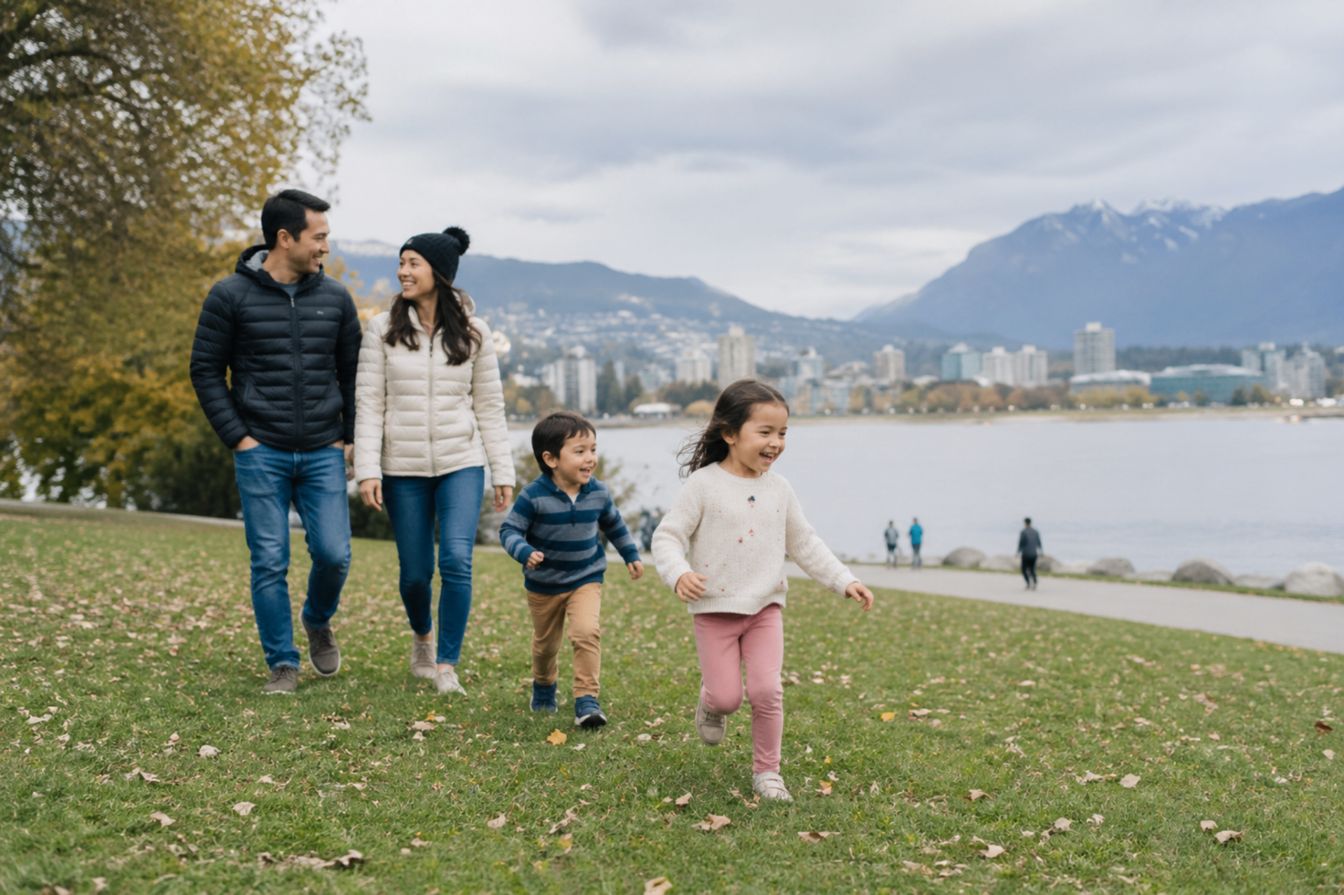 Family walking together in a Vancouver park by the water